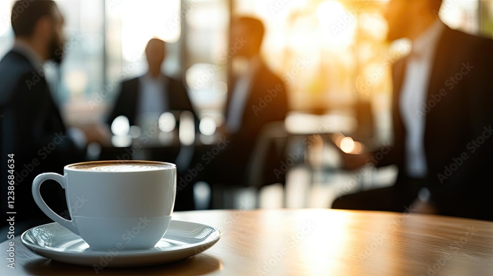 Networking event concept. A close-up of a coffee cup with blurred people engaging in conversation at a meeting. Networking event concept. A close-up of a coffee cup with blurred people engaging in conversation at a meeting.