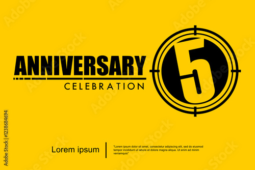 5th years anniversary celebration emblem. black anniversary logo isolated with target crosshairs on yellow background. vector illustration template design for web, flyers, poster, greeting card