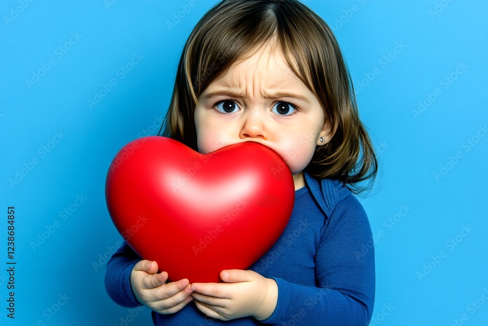 Sign of love. Commercial digital ads concept pattern art. Сhildren valentine's day greeting card: toddler girl with dejected face holds red heart in hands. Valentine's smiles for family. Sign of love. Commercial digital ads concept pattern art. Сhildren valentine's day greeting card: toddler girl with dejected face holds red heart in hands. Valentine's smiles for family.