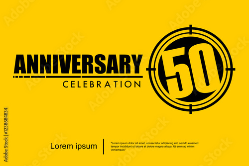 50th years anniversary celebration emblem. black anniversary logo isolated with target crosshairs on yellow background. vector illustration template design for web, flyers, poster, greeting card
