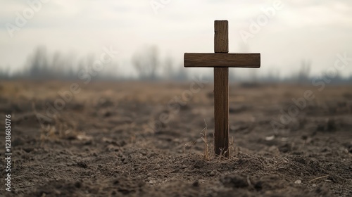 A stunning cinematic scene captures a solitary wooden cross, resolutely planted in barren soil, beneath a dramatic cloudy sky at twilight photo