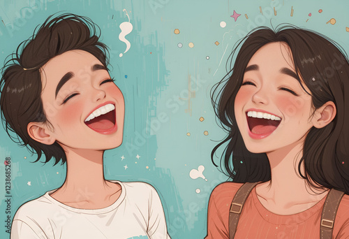 two young people laughing and rejoicing. Their sincere smiles and bright background create an atmosphere of happiness and friendship, filling the image with positive energy. photo