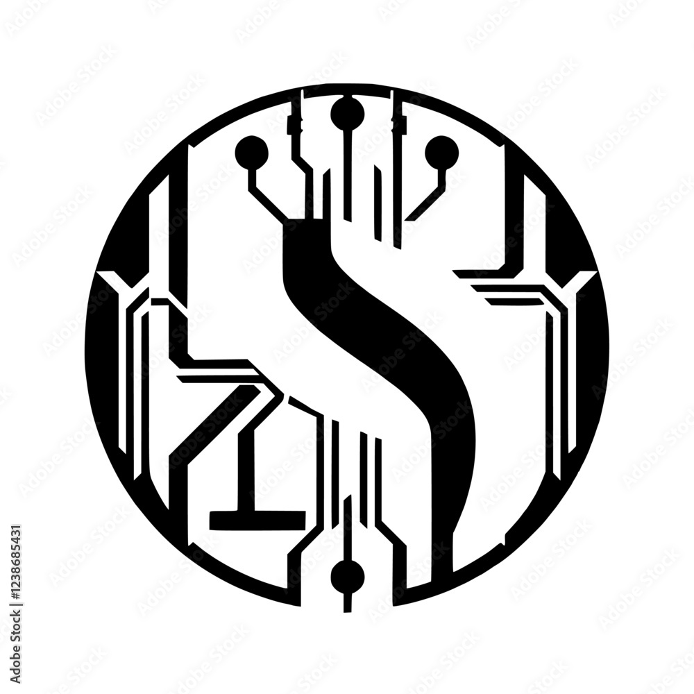 Abstract Technology Logo: Futuristic Circuit Design. A modern, minimal geometric pattern with circular lines and shapes, symbolizing digital innovation and electronic networks. Abstract Technology Logo: Futuristic Circuit Design. A modern, minimal geometric pattern with circular lines and shapes, symbolizing digital innovation and electronic networks.
