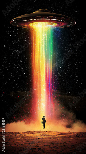 Hyperrealistic Alien Spaceship Emitting a Rainbow Beam Into Starry Sky photo