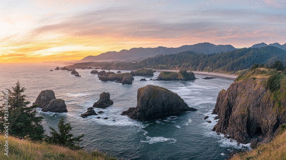 Scenic oregon coastline at sunset with rocky shores and forested cliffs Scenic oregon coastline at sunset with rocky shores and forested cliffs