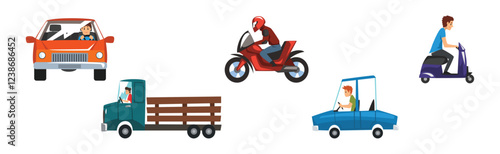 Man Ride and Drive Different Kind of Urban Transport Vector Set