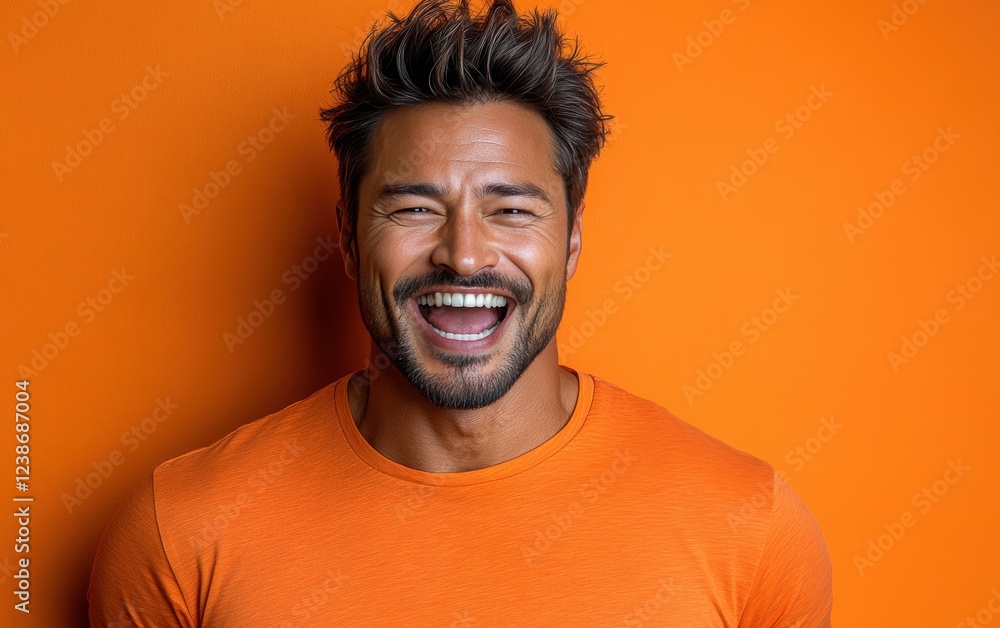 handsome man smiling with a mustache and a causal t-shirt handsome man smiling with a mustache and a causal t-shirt