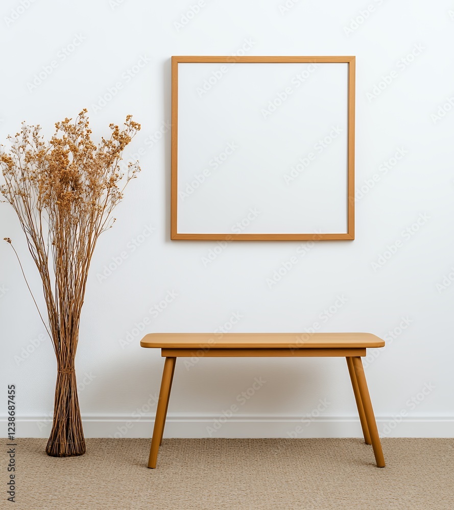 Blank Wooden Frame Mockup with Dried Flowers and Wooden Bench Blank Wooden Frame Mockup with Dried Flowers and Wooden Bench