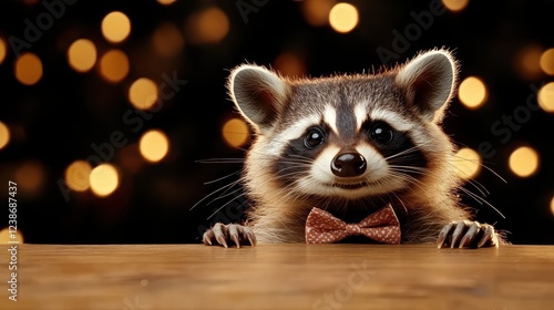 A cute raccoon wearing a polka-dotted bow tie poses playfully at a wooden table, set against a backdrop of sparkling bokeh lights that create a festive mood.