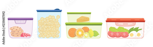 School Meal and Lunch in Plastic Container Vector Set