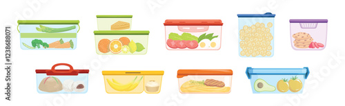 School Meal and Lunch in Plastic Container Vector Set