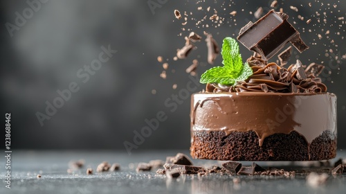 Wallpaper Mural An ethereal chocolate cake is captured in mid-air with flying chocolate shavings and mint leaves, presenting a whimsical take on dessert photography full of motion and creativity. Torontodigital.ca