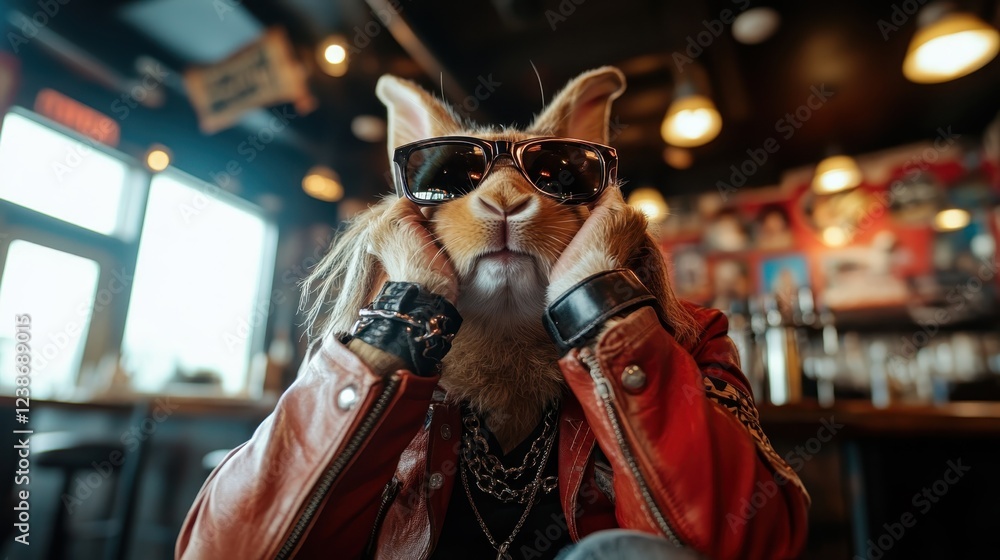 The rabbit, lounging casually in a leather jacket and sunglasses, embodies a laid-back attitude while surrounded by a busy, colorful backdrop that evokes interest. The rabbit, lounging casually in a leather jacket and sunglasses, embodies a laid-back attitude while surrounded by a busy, colorful backdrop that evokes interest.