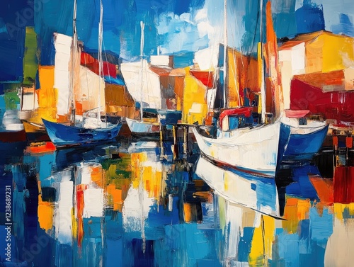 Vibrant Abstract Impressionist Painting of Sailboats Docked at a Colorful Harbor