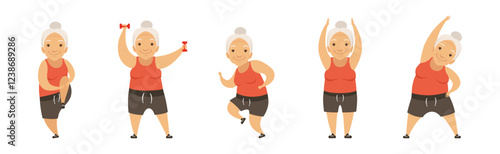 Active Senior Woman Do Physical and Sport Exercise Vector Set