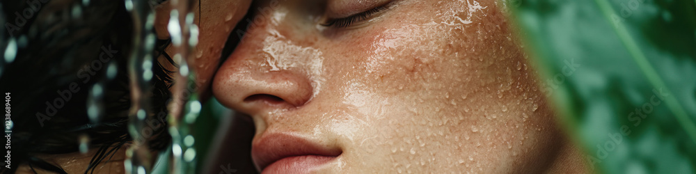 Fototapeta premium Close-up of Two Wet Faces with Foliage