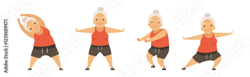 Active Senior Woman Do Physical and Sport Exercise Vector Set
