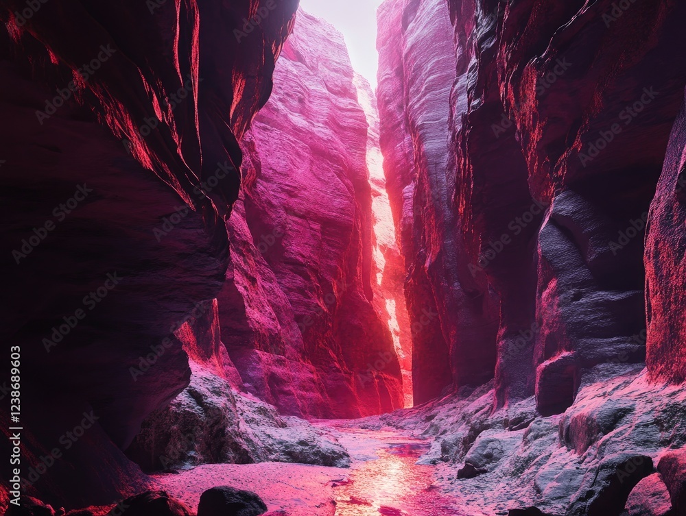 A Surreal Pink Canyon With a Glimmering Stream Flowing Through Its Depths A Surreal Pink Canyon With a Glimmering Stream Flowing Through Its Depths