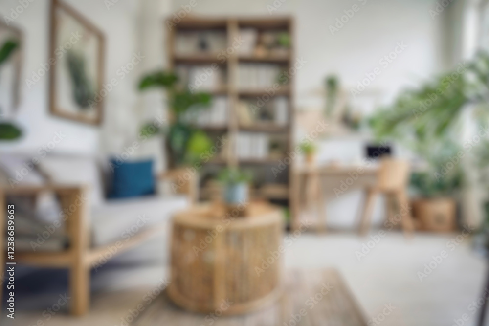 Fototapeta premium Blurred view of modern living room with sofa and soft bench. room interior with couch, armchair and coffee table or shelving units. stylish living room. comfortable workplace near big window.