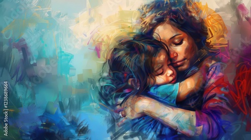 Mother hugs her little daughter.