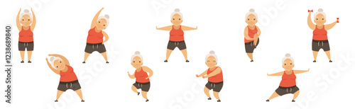 Active Senior Woman Do Physical and Sport Exercise Vector Set