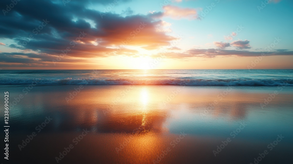 A breathtaking view of a tranquil ocean at sunset, with vibrant colors illuminating the sky and gentle waves lapping the shore, creating a peaceful atmosphere. A breathtaking view of a tranquil ocean at sunset, with vibrant colors illuminating the sky and gentle waves lapping the shore, creating a peaceful atmosphere.