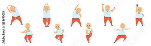 Active Senior Man Do Physical and Sport Exercise Vector Set