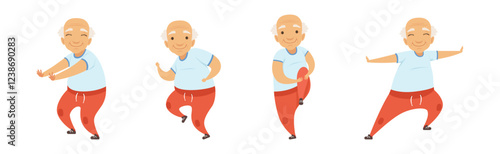 Active Senior Man Do Physical and Sport Exercise Vector Set