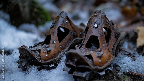 Vintage mountaineering crampons shoes covered in snow lying on the ground photo