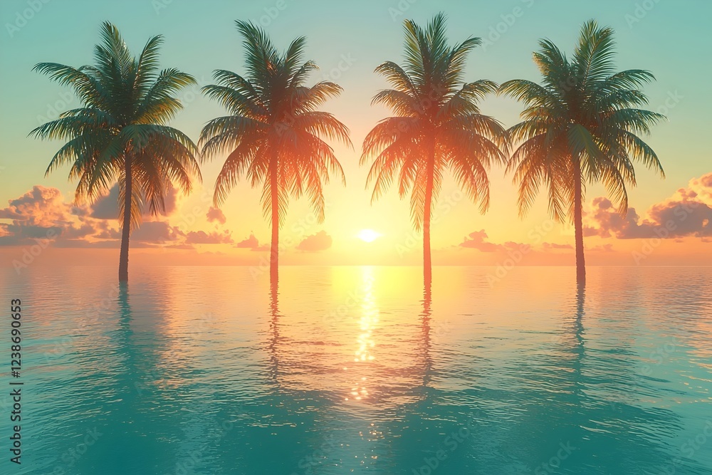 A serene sunset over calm waters with four vibrant palm trees silhouetted against a colorful sky, creating a tranquil and tropical atmosphere. A serene sunset over calm waters with four vibrant palm trees silhouetted against a colorful sky, creating a tranquil and tropical atmosphere.