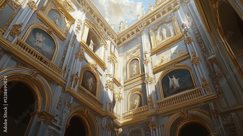 Obraz premium Grand Architectural Interior with Golden Accents and Artwork