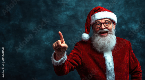 This heartwarming image captures Santa Claus with a playful expression, raising his finger as if to share an important holiday message, embodying the spirit of Christmas joy. photo