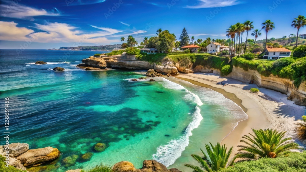 Obraz premium Sunny day at La Jolla Cove with calm turquoise water and white sandy beach amidst lush greenery, White Sand, Vacation