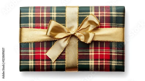 Elegant gift box with a golden ribbon for celebration isolated on white background.