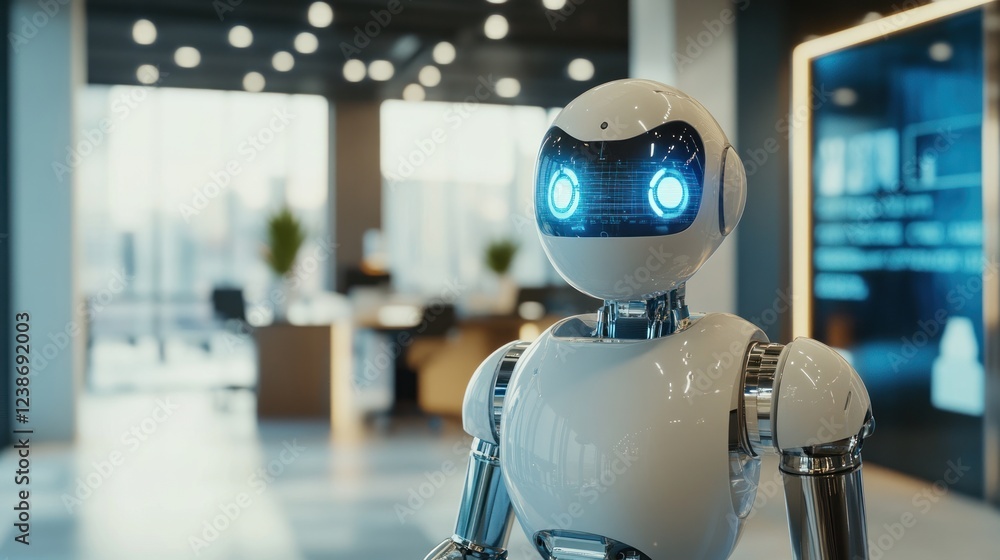 Modern Robot with Blue Eyes in a Futuristic Office Modern Robot with Blue Eyes in a Futuristic Office
