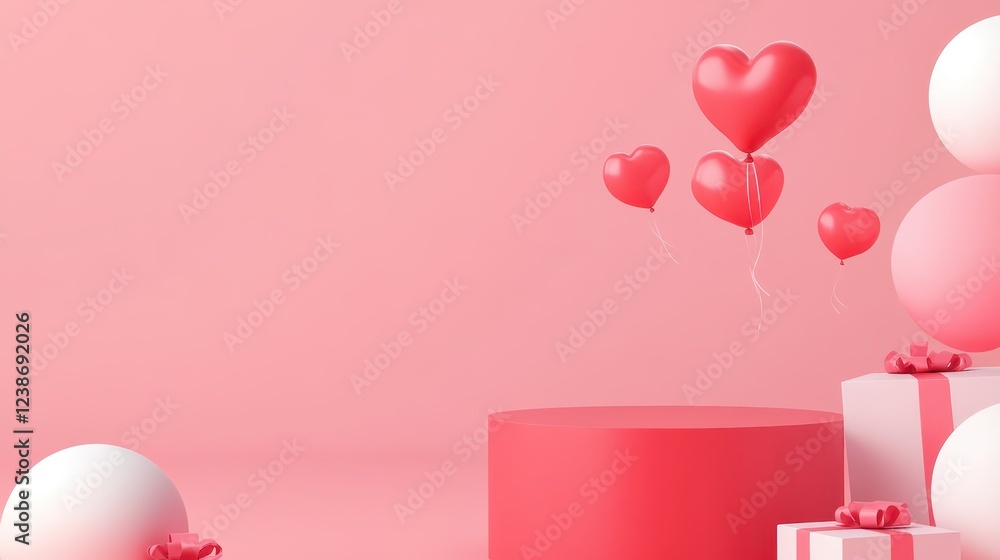 Celebrate love with an abstract minimal Valentine's Day background featuring colorful heart balloons and festive gift boxes in soft shades of pink Celebrate love with an abstract minimal Valentine's Day background featuring colorful heart balloons and festive gift boxes in soft shades of pink