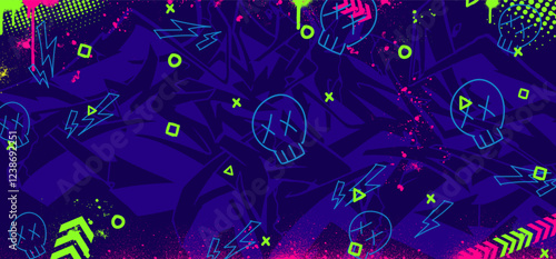 Gaming vector background illustrations. Graffiti gaming background with splat...
