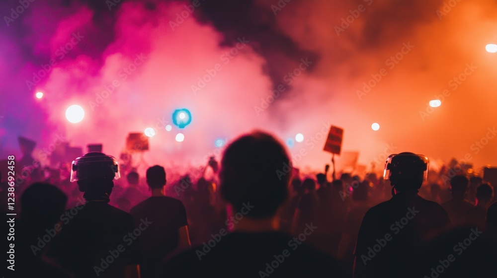 Nighttime Protest Scene With Colorful Smoke and Silhouetted Crowd Nighttime Protest Scene With Colorful Smoke and Silhouetted Crowd