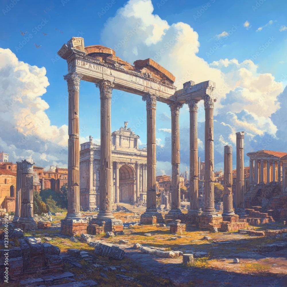Fototapeta premium Ancient Roman Ruins with Columns under a Bright Blue Sky