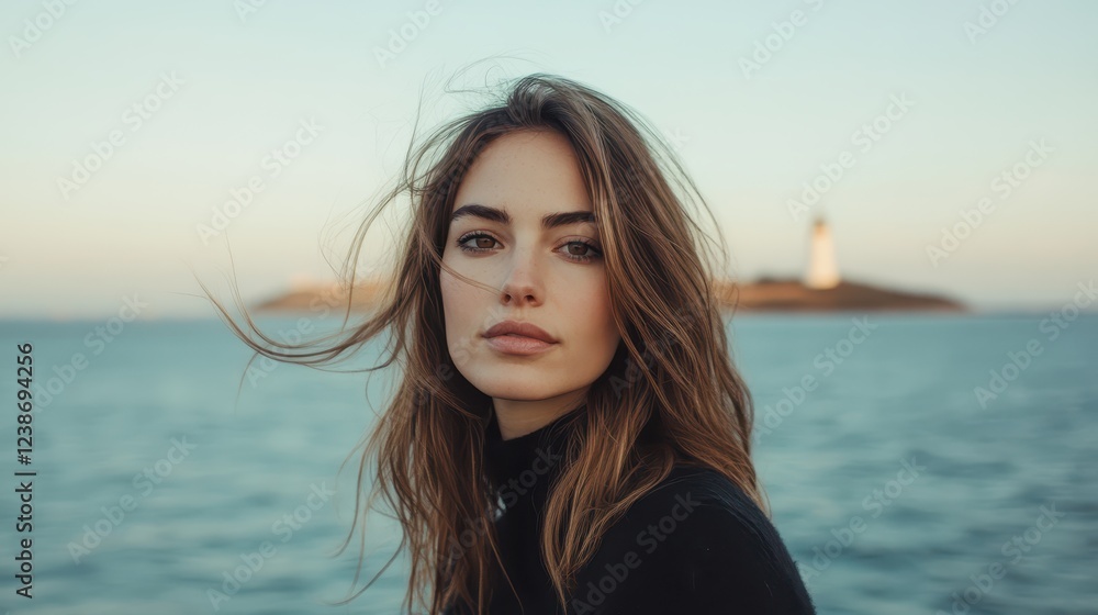 Hyper realistic portrait of a woman at the seaside during golden hour showcasing serene beauty and captivating expression with lighthouse in the background Hyper realistic portrait of a woman at the seaside during golden hour showcasing serene beauty and captivating expression with lighthouse in the background