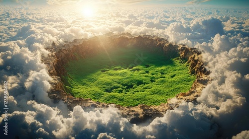 Global warming climate change concept. A breathtaking aerial view of a lush green oasis surrounded by clouds and sunlight.