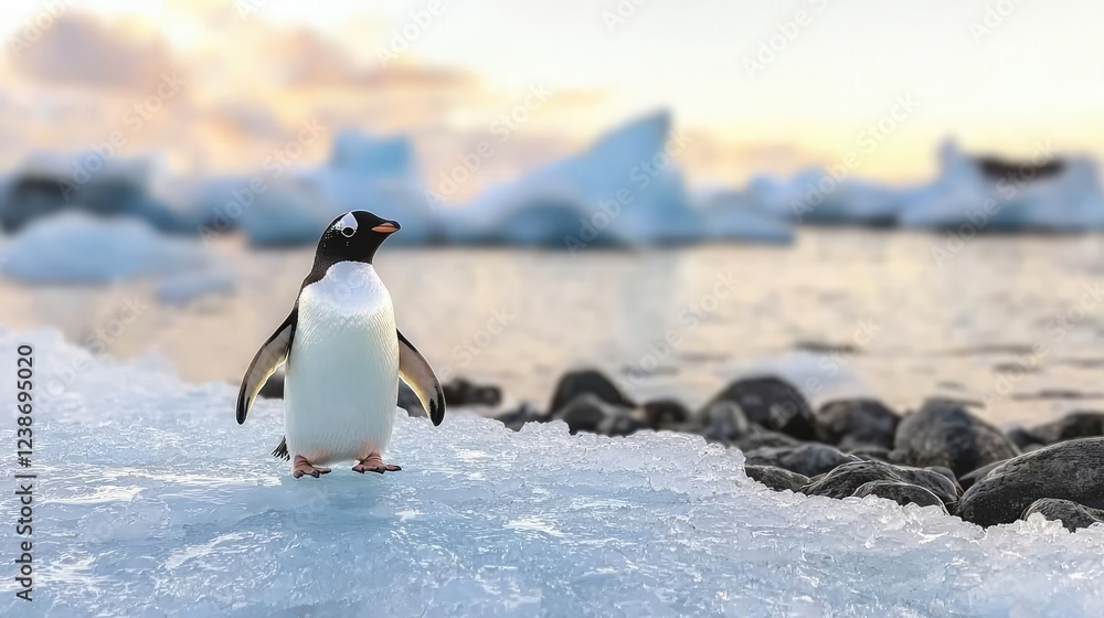 Obraz premium Ice melting climate change idea. A charming penguin standing on an icy shore with a beautiful sunset backdrop.