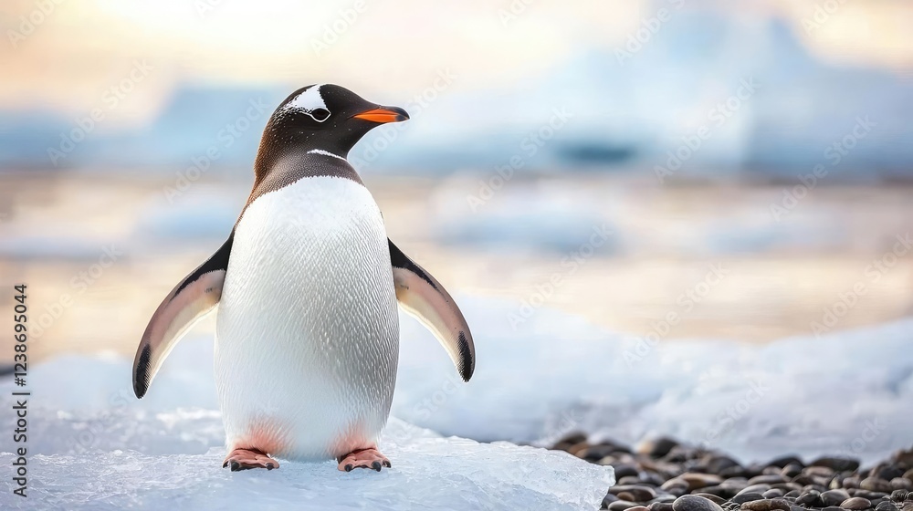 Fototapeta premium Ice melting climate change idea. A beautiful penguin standing on ice, showcasing its unique features in a serene environment.