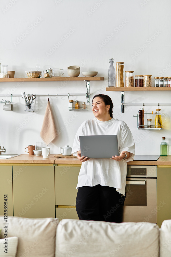 A young plus sized woman smiles while using her laptop in a cozy kitchen filled with warmth. A young plus sized woman smiles while using her laptop in a cozy kitchen filled with warmth.