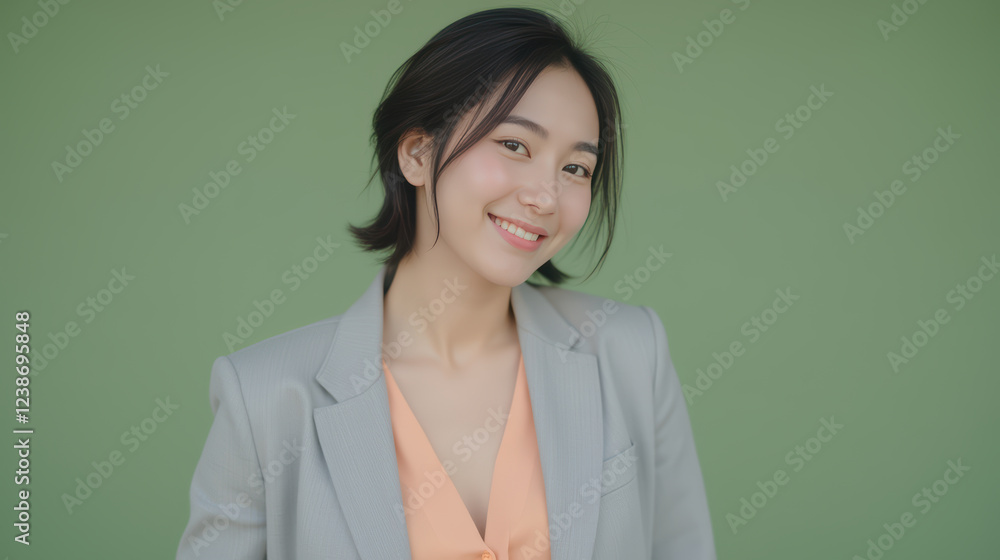 young woman gray suit smiles confidently against green background. Her cheerful expression radiates positivity and young woman gray suit smiles confidently against green background. Her cheerful expression radiates positivity and