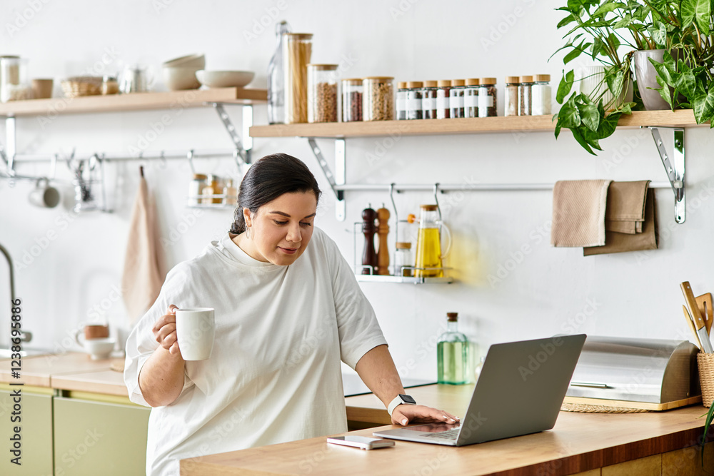 Beautiful woman engages with laptop while sipping coffee in a bright kitchen, surrounded by plants. Beautiful woman engages with laptop while sipping coffee in a bright kitchen, surrounded by plants.