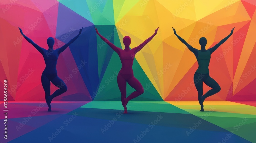 Obraz premium Colorful Abstract Dancers in Dynamic Pose Against Geometric Background