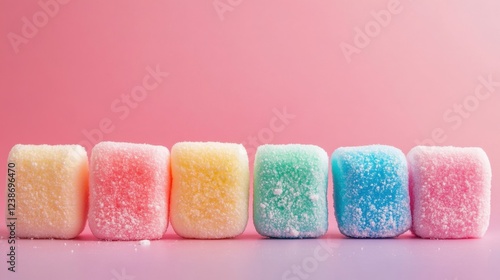 Colorful Marmalade Candies Row. Six sugar-coated marmalade candies in different pastel colors are placed in a row against a pink background