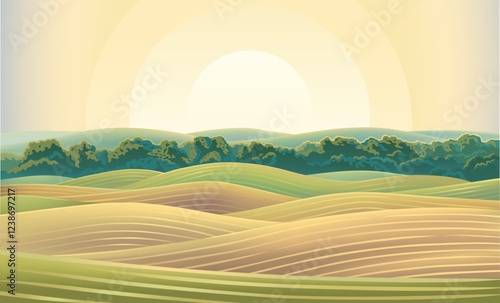 Hilly agricultural landscape, with cultivated by agriculture fields and hills, with dawn sky  and sun above the horizon. Vector illustration.