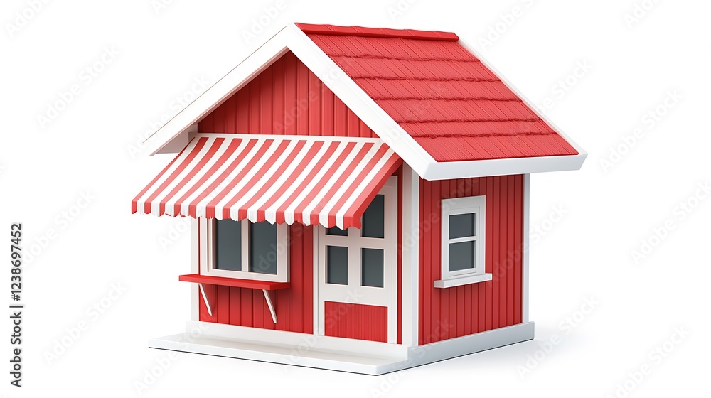 Small red wooden house with white details and striped awning, cozy miniature home with classic storefront design isolated on white background. Small red wooden house with white details and striped awning, cozy miniature home with classic storefront design isolated on white background.